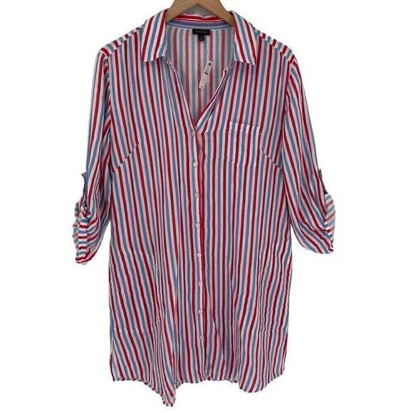Talbots Roll Tab Sleeve Swim Coverup Soft Beach Women Medium White Blue Red - Picture 1 of 6